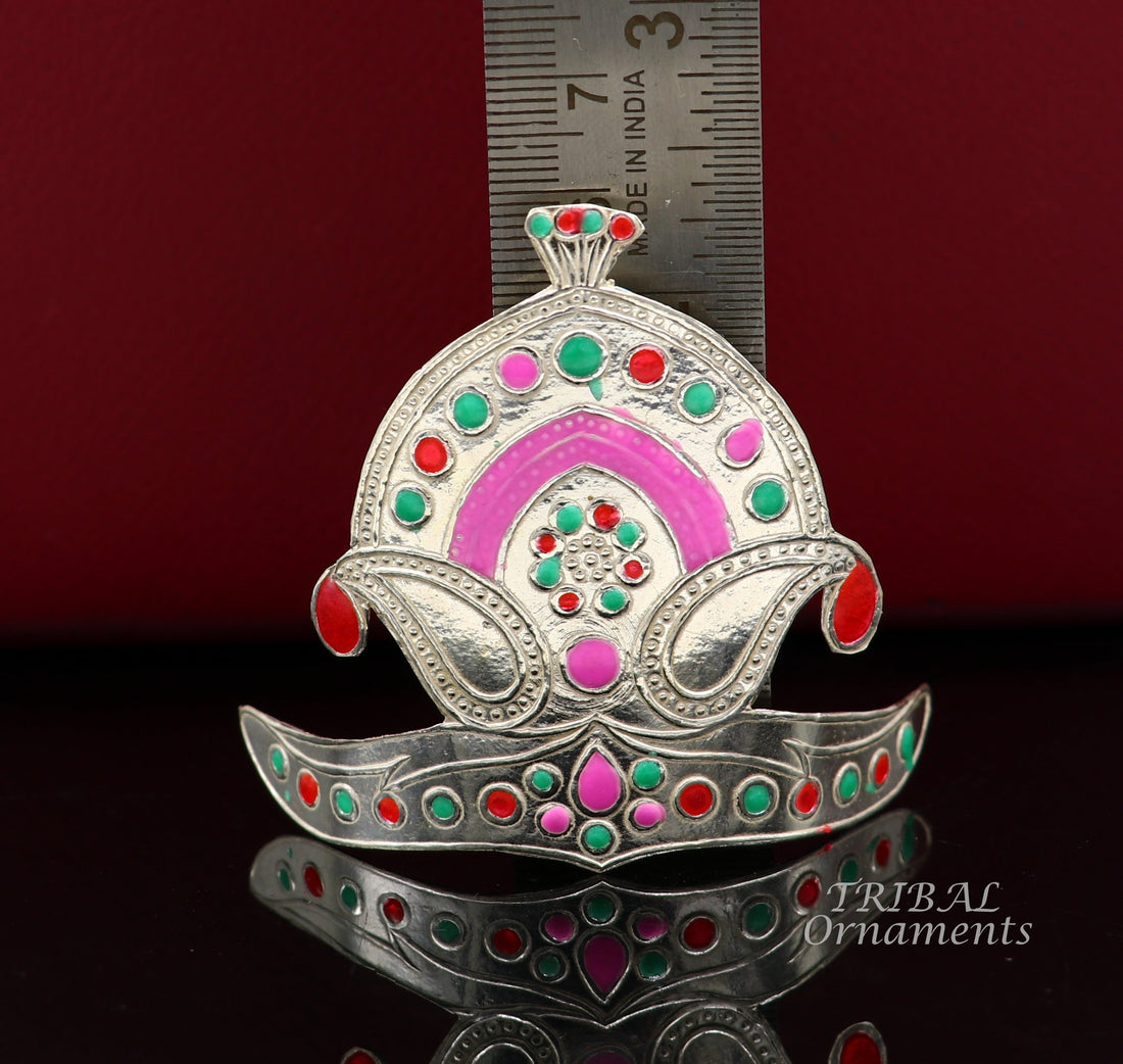 925 sterling silver vintage antique design mukut (crown), amazing handmade enamel work design silver god crown home temple god hat su875 - TRIBAL ORNAMENTS