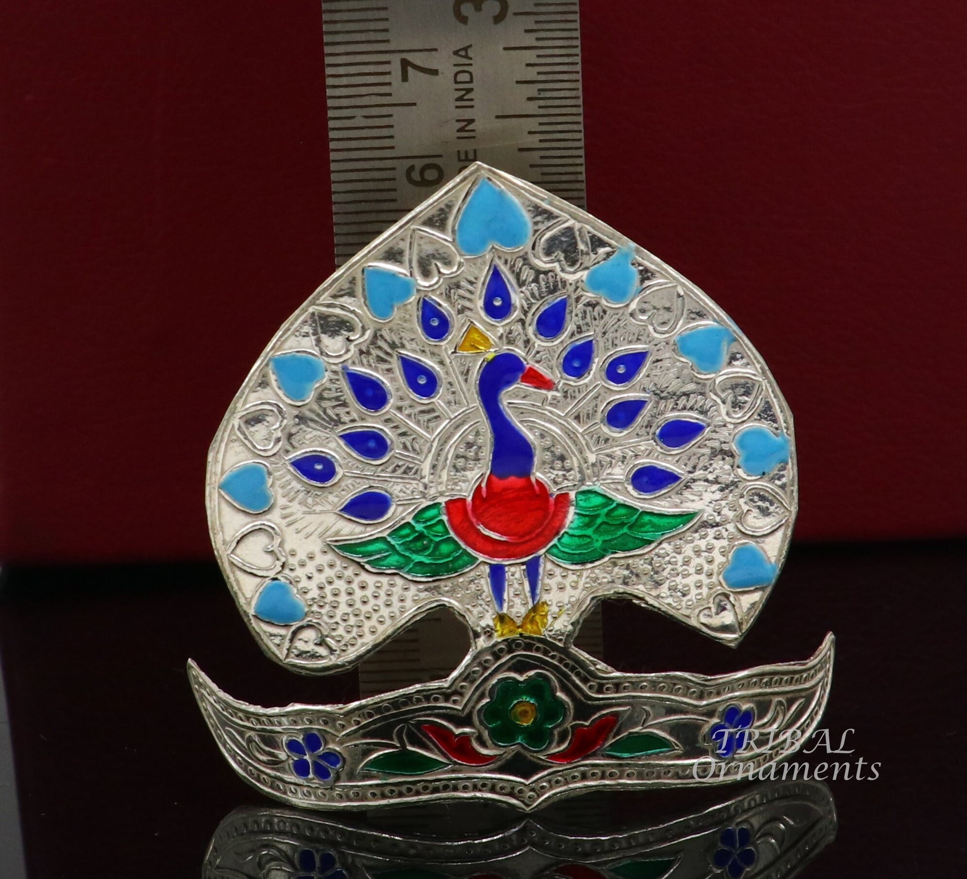 925 silver Vintage peacock design handmade enamel work small idols statue's mukut or crown, amazing Krishna head jewelry from india su879 - TRIBAL ORNAMENTS