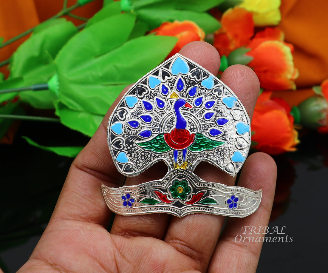 925 silver Vintage peacock design handmade enamel work small idols statue's mukut or crown, amazing Krishna head jewelry from india su879 - TRIBAL ORNAMENTS