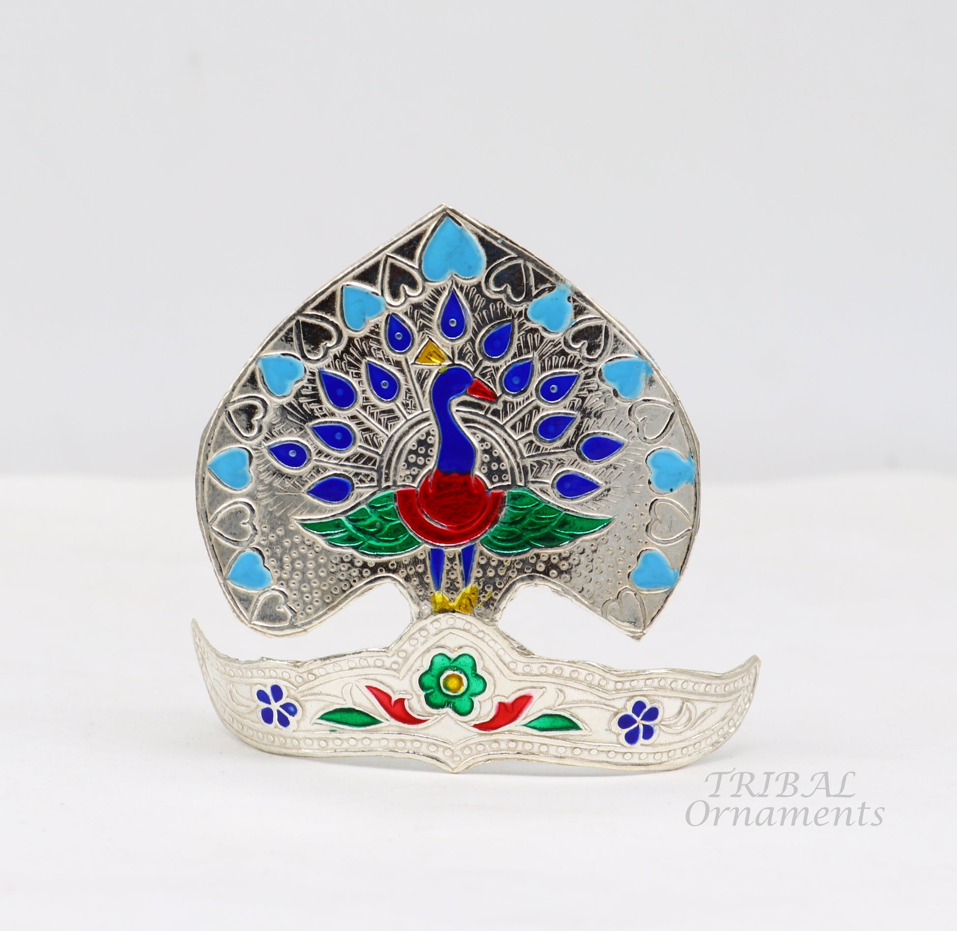 925 silver Vintage peacock design handmade enamel work small idols statue's mukut or crown, amazing Krishna head jewelry from india su879 - TRIBAL ORNAMENTS