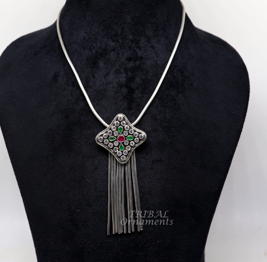 925 sterling silver handmade fabulous cut stone pendant with gorgeous hanging chains best belly dance ethnic jewelry  nsp525 - TRIBAL ORNAMENTS