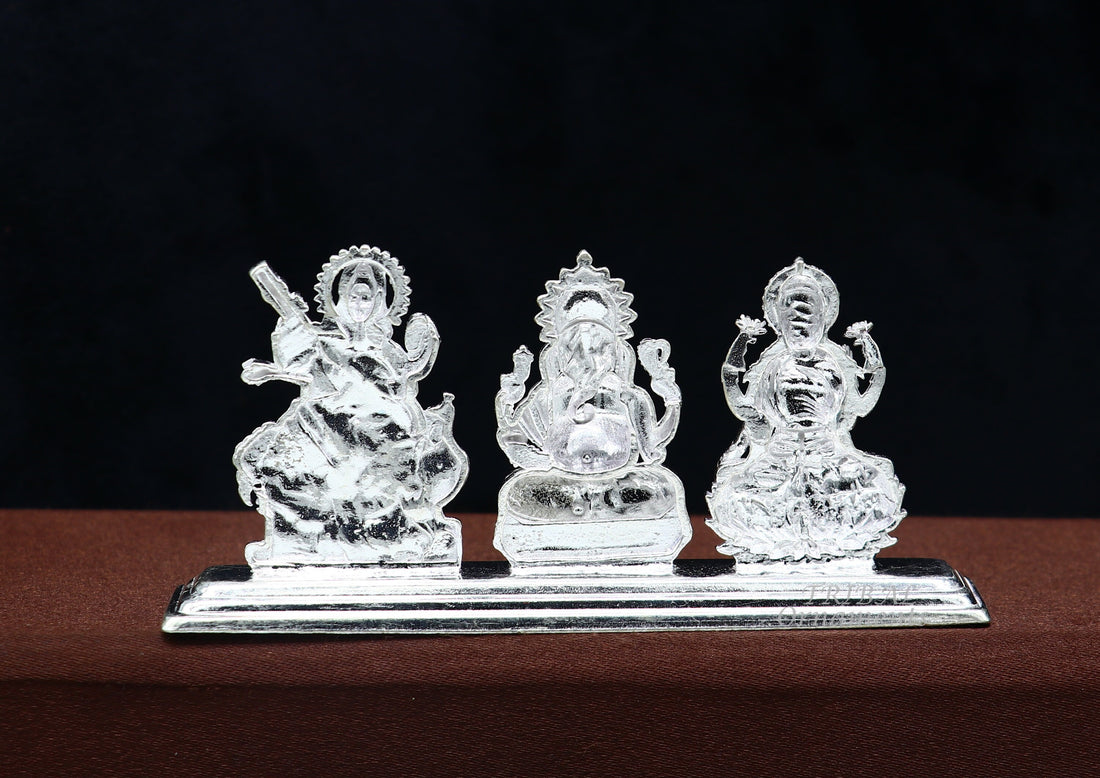 Solid Sterling silver handmade Hindu idols Laxmi,Ganesha and Saraswati statue, puja article figurine, home décor Diwali puja gift ART562 - TRIBAL ORNAMENTS