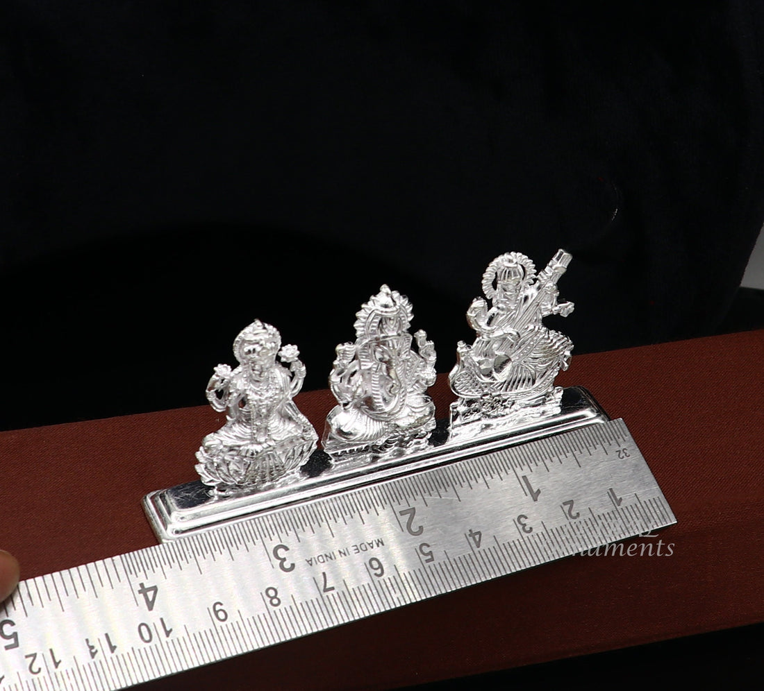 Solid Sterling silver handmade Hindu idols Laxmi,Ganesha and Saraswati statue, puja article figurine, home décor Diwali puja gift ART562 - TRIBAL ORNAMENTS