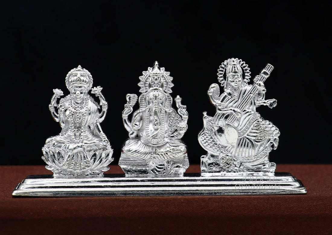 Solid Sterling silver handmade Hindu idols Laxmi,Ganesha and Saraswati statue, puja article figurine, home décor Diwali puja gift ART562 - TRIBAL ORNAMENTS