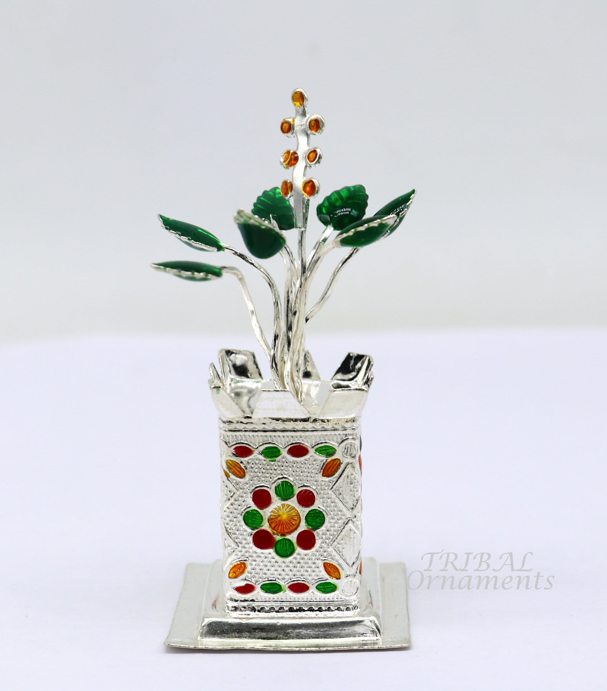 925 sterling silver handmade small tulsi plant basil rosary plant, puja temple article, excellent customized silver utensils article su924 - TRIBAL ORNAMENTS