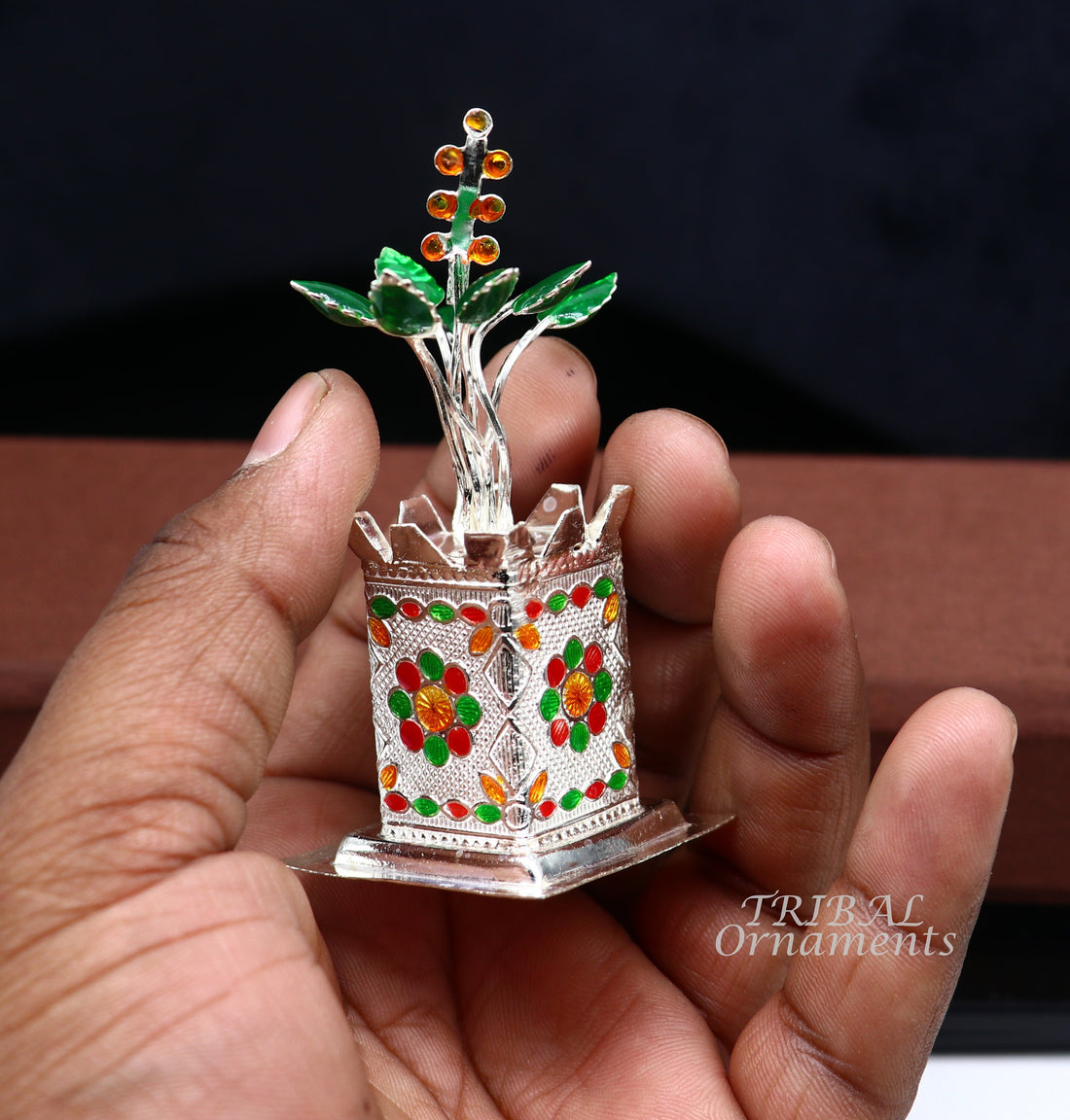 925 sterling silver handmade small tulsi plant basil rosary plant, puja temple article, excellent customized silver utensils article su924 - TRIBAL ORNAMENTS