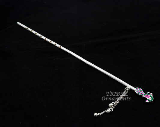 12" inches long sterling silver handmade idol krishna flute, silver bansuri, laddu gopala flute, krishna flute puja art su929 - TRIBAL ORNAMENTS