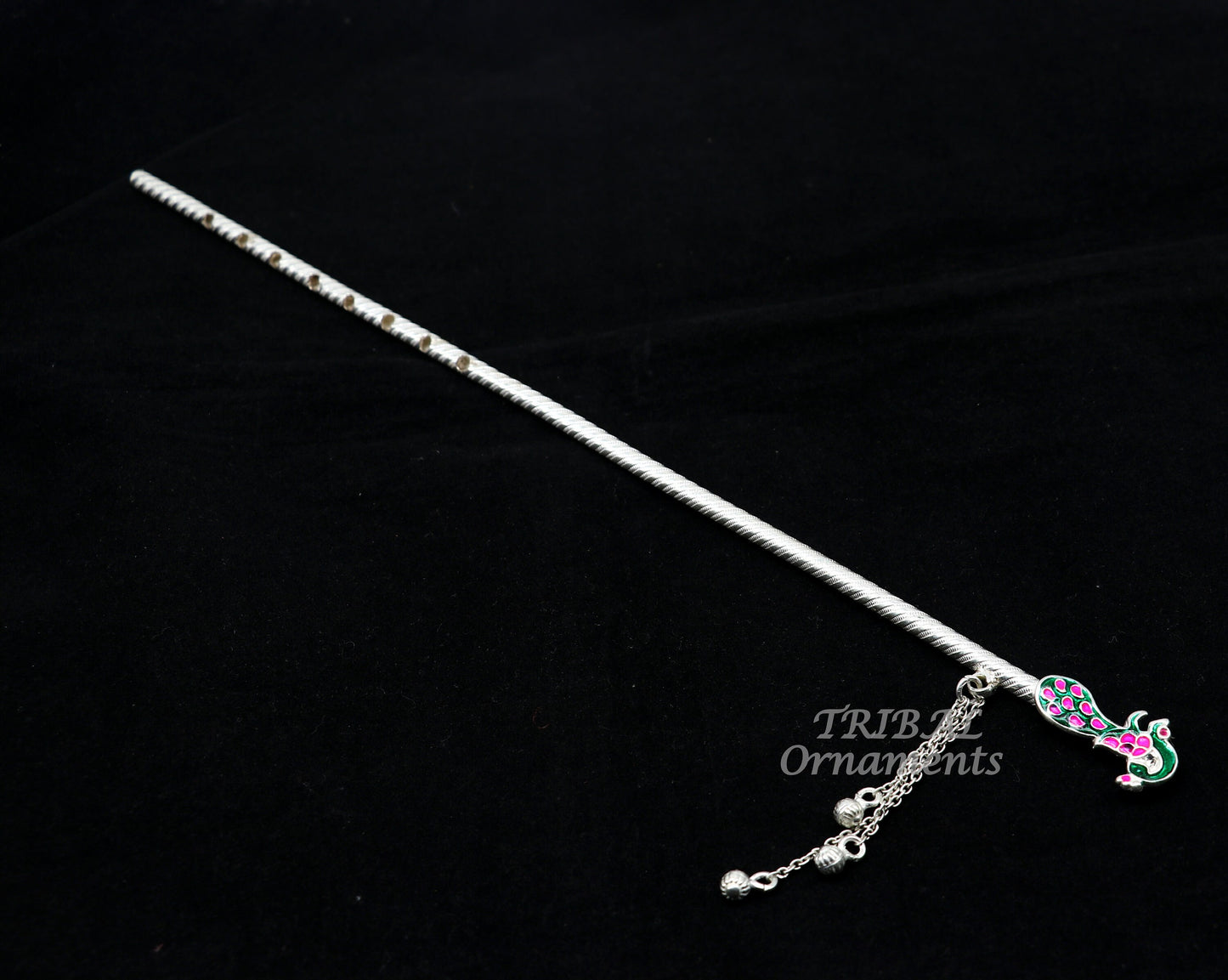 12" inches long sterling silver handmade idol krishna flute, silver bansuri, laddu gopala flute, krishna flute puja art su929 - TRIBAL ORNAMENTS