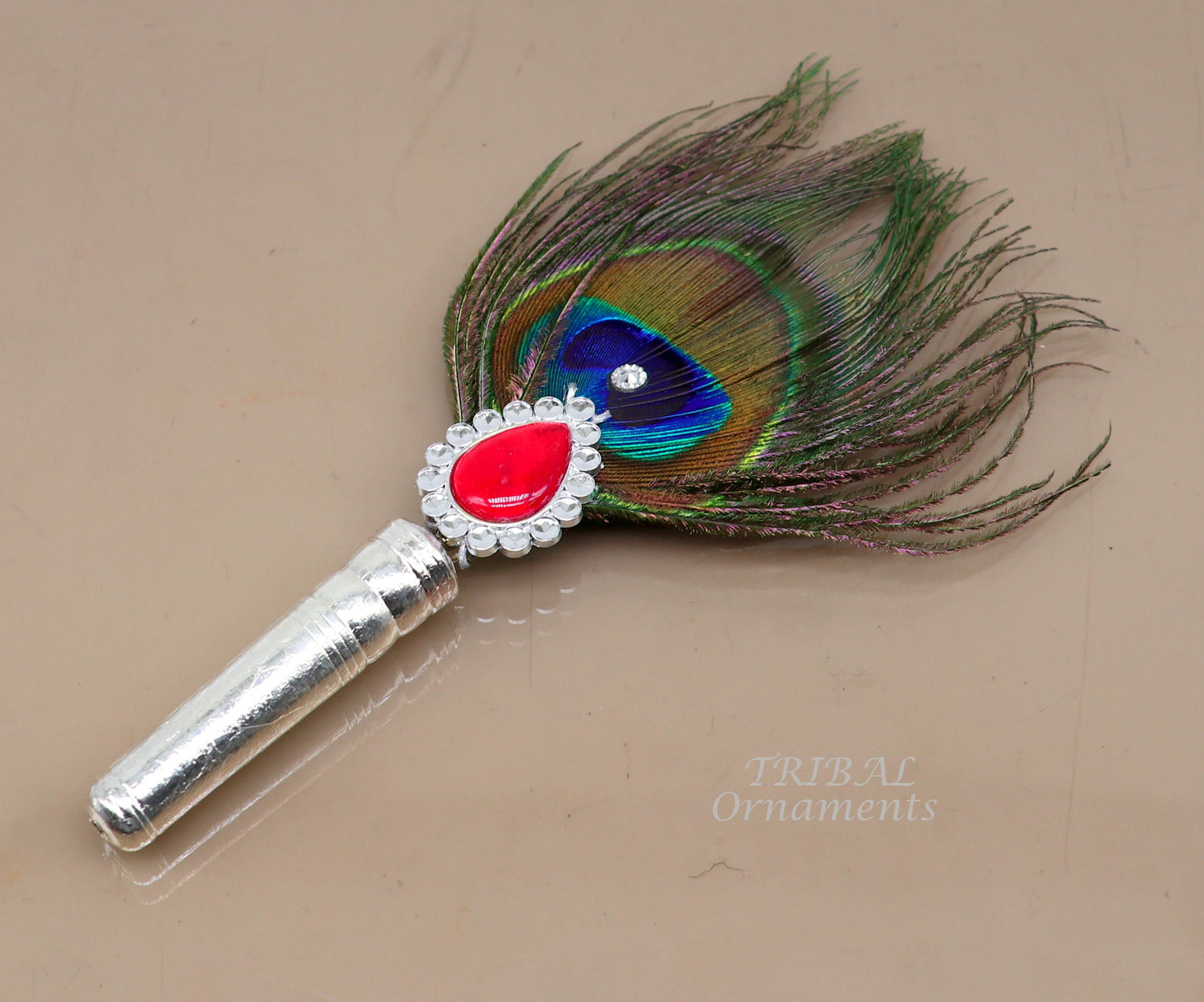 Vintage style handmade Wooden base silver Morchhadi, with peacock feather, best lord krishna laddu gopala silver pankhi silver fan su905 - TRIBAL ORNAMENTS