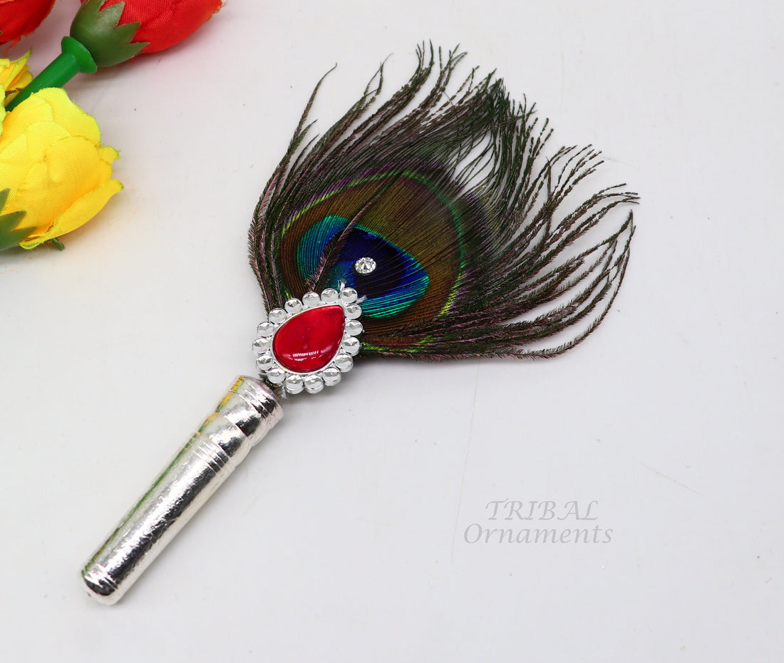 Vintage style handmade Wooden base silver Morchhadi, with peacock feather, best lord krishna laddu gopala silver pankhi silver fan su905 - TRIBAL ORNAMENTS