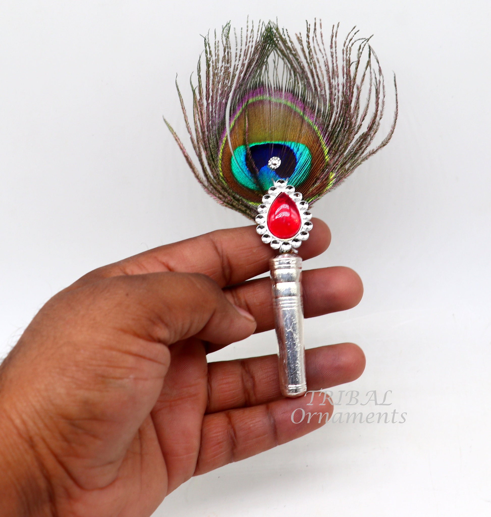 Vintage style handmade Wooden base silver Morchhadi, with peacock feather, best lord krishna laddu gopala silver pankhi silver fan su905 - TRIBAL ORNAMENTS