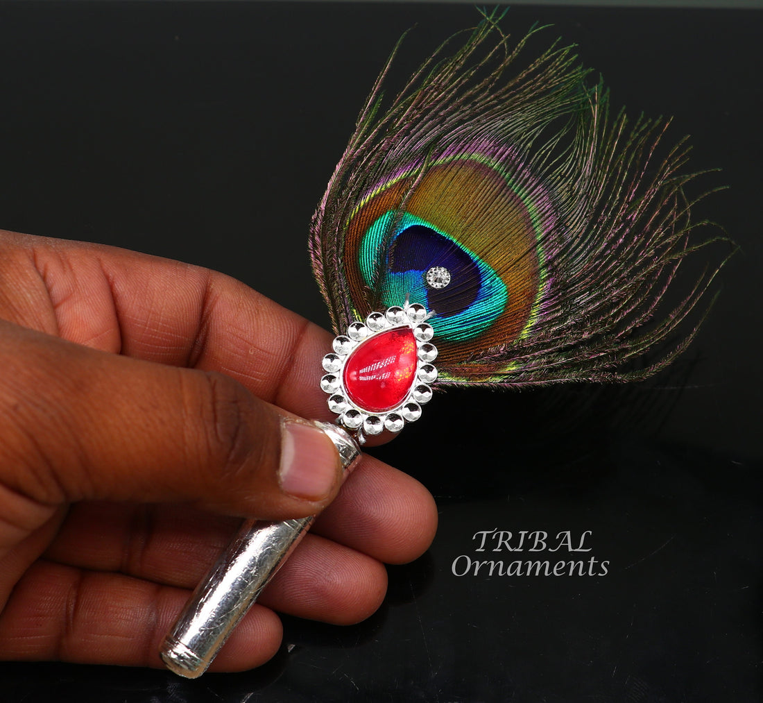 Vintage style handmade Wooden base silver Morchhadi, with peacock feather, best lord krishna laddu gopala silver pankhi silver fan su905 - TRIBAL ORNAMENTS