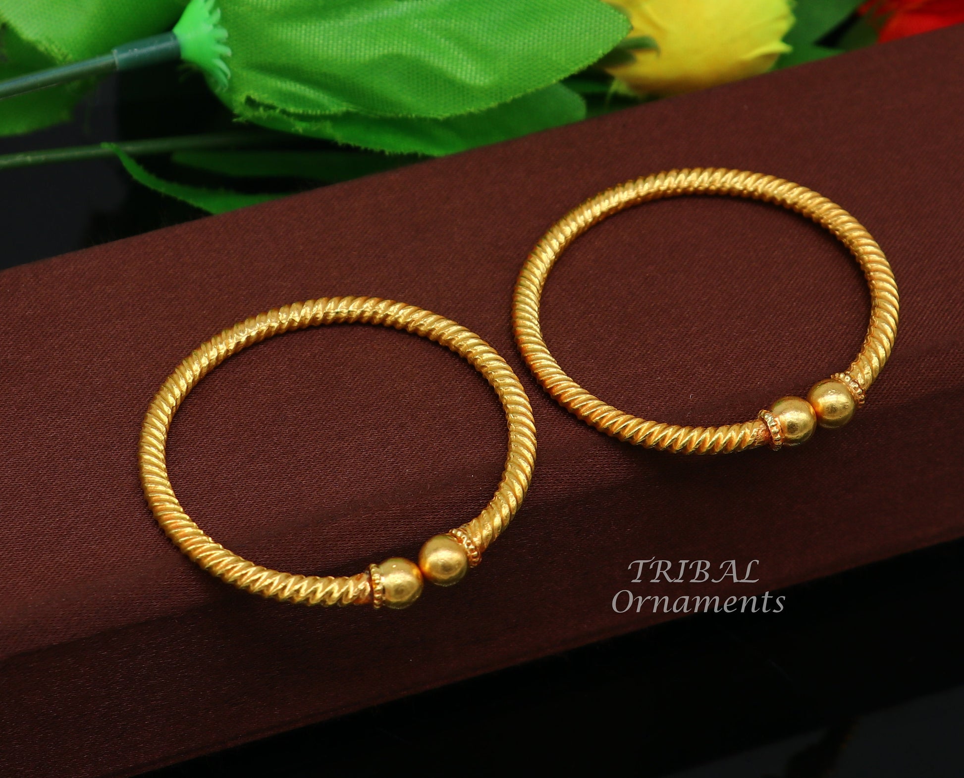 22k yellow gold handmade fabulous vintage ball face design baby bangle pair kada certified hallmarked jewelry for baby or kids  gk03 - TRIBAL ORNAMENTS
