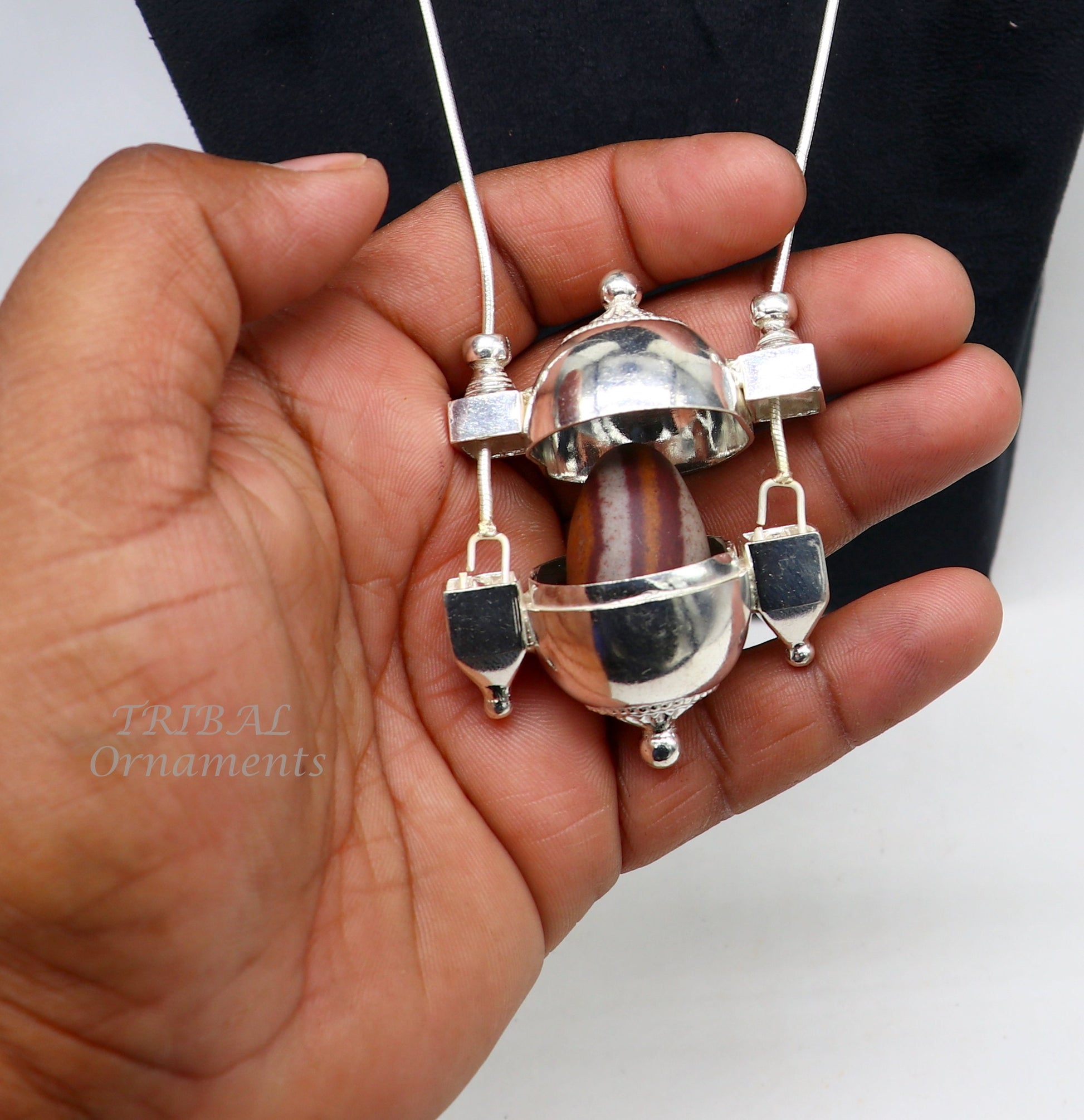 Unique handmade solid sterling silver chain and Shiva lingam box, box pendant necklace set, container pendant tribal jewelry India set491 - TRIBAL ORNAMENTS