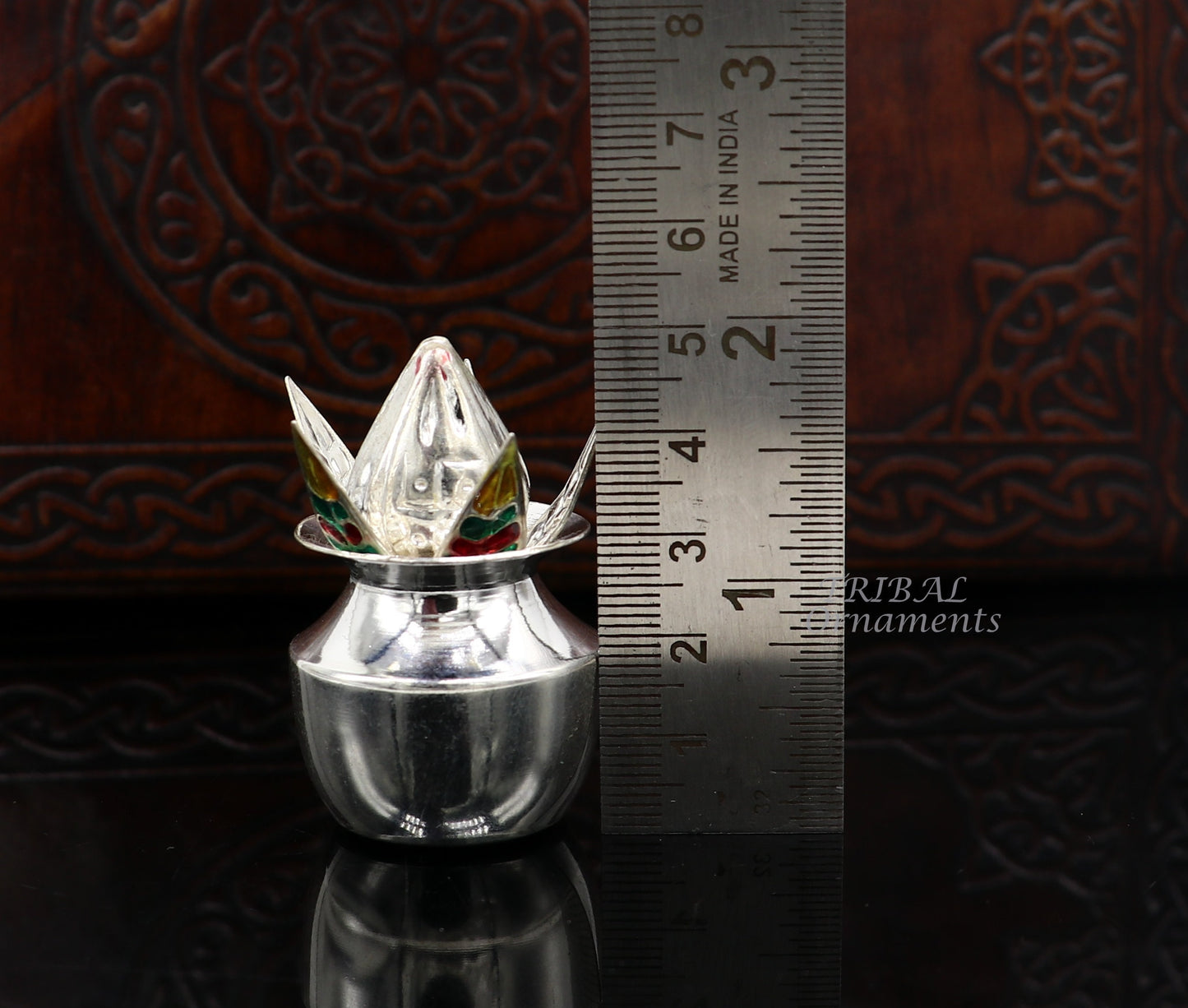 925 Sterling silver handmade gorgeous coconut with betel leaf puja kalash, best worshipping utensils, silver article puja art temple su947 - TRIBAL ORNAMENTS