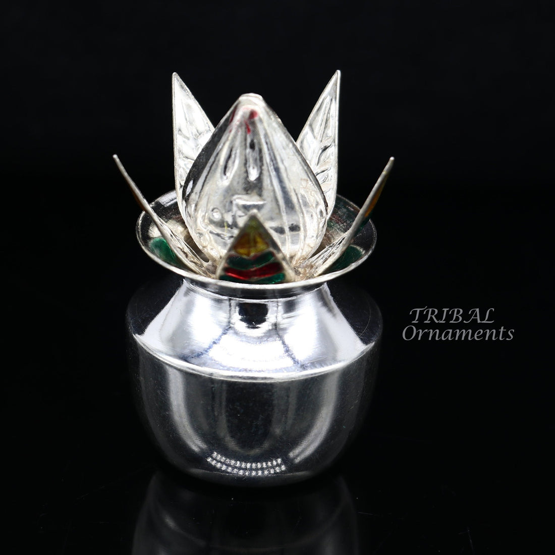 925 Sterling silver handmade gorgeous coconut with betel leaf puja kalash, best worshipping utensils, silver article puja art temple su947 - TRIBAL ORNAMENTS