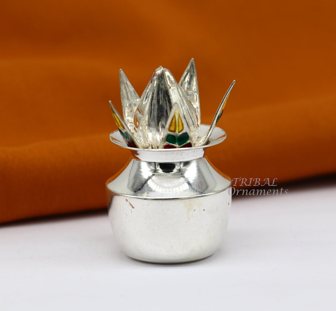 925 Sterling silver handmade gorgeous coconut with betel leaf puja kalash, best worshipping utensils, silver article puja art temple su947 - TRIBAL ORNAMENTS