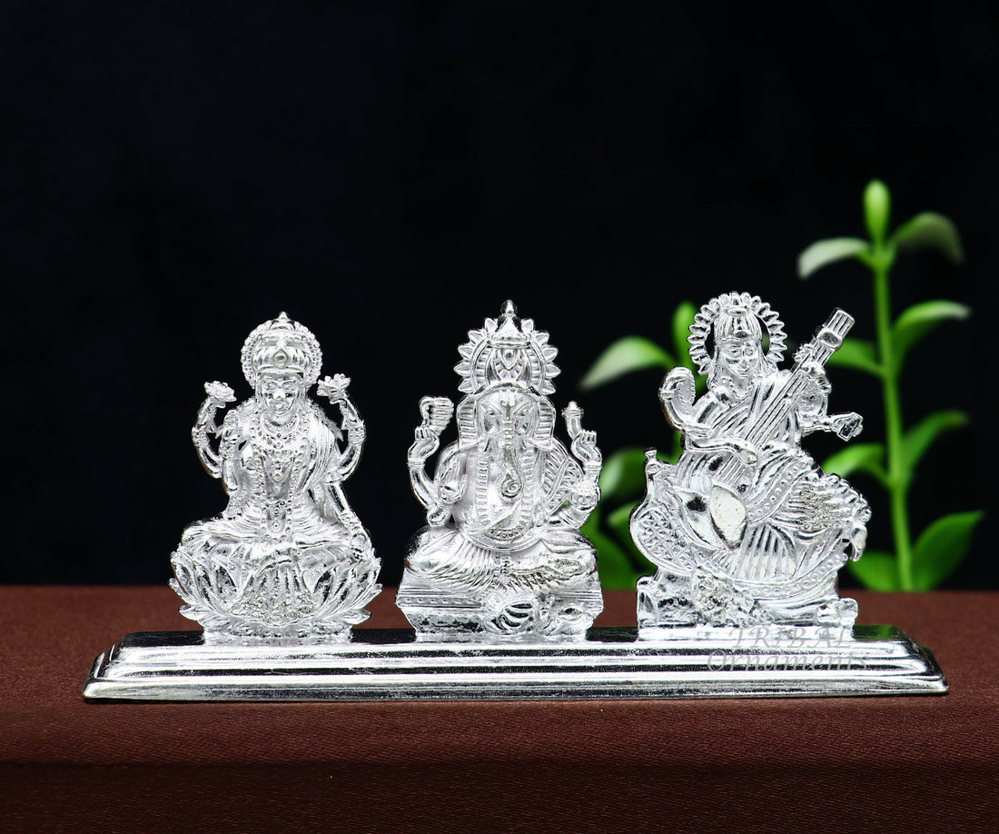 Solid Sterling silver handmade Hindu idols Laxmi,Ganesha and Saraswati statue, puja article figurine, home décor Diwali puja gift ART562 - TRIBAL ORNAMENTS