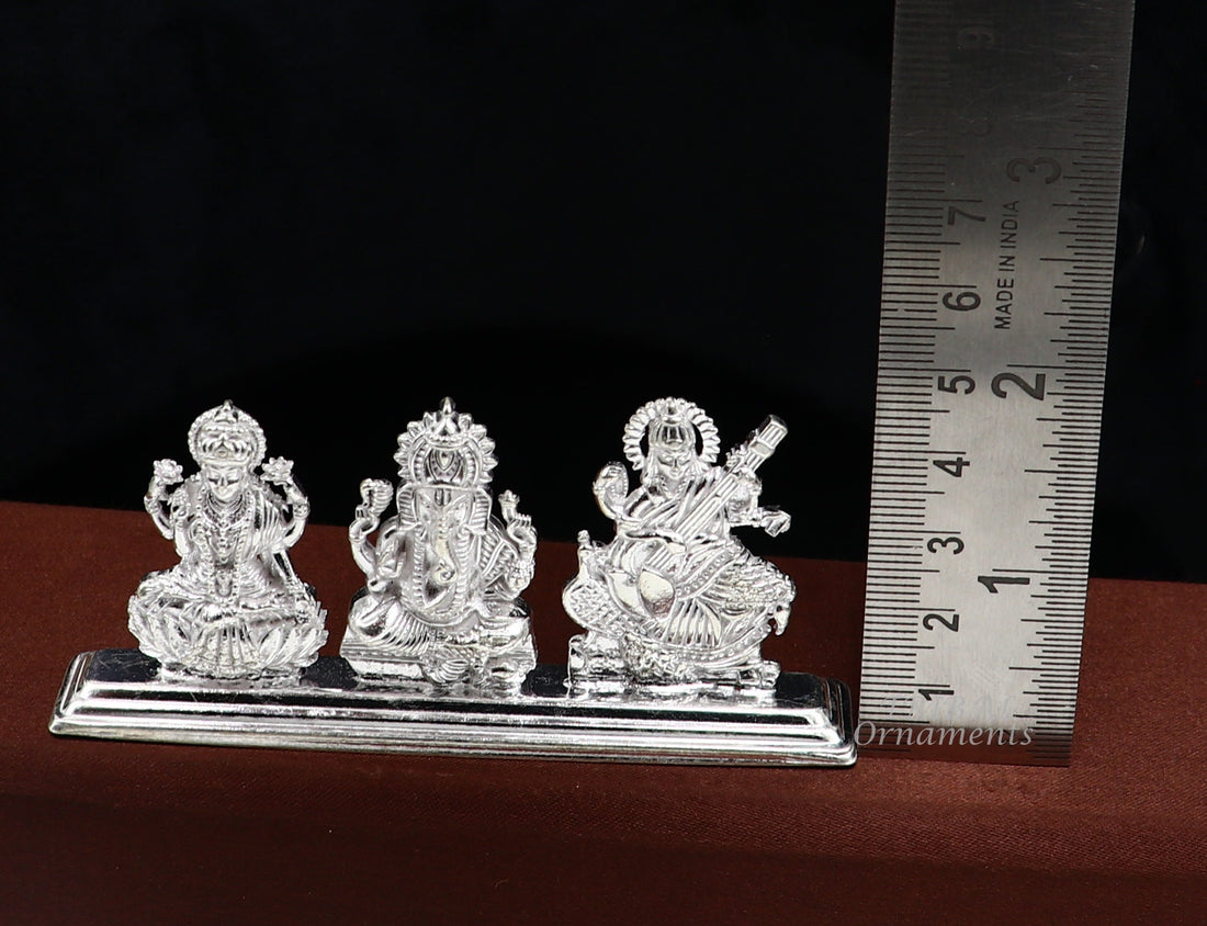 Solid Sterling silver handmade Hindu idols Laxmi,Ganesha and Saraswati statue, puja article figurine, home décor Diwali puja gift ART562 - TRIBAL ORNAMENTS