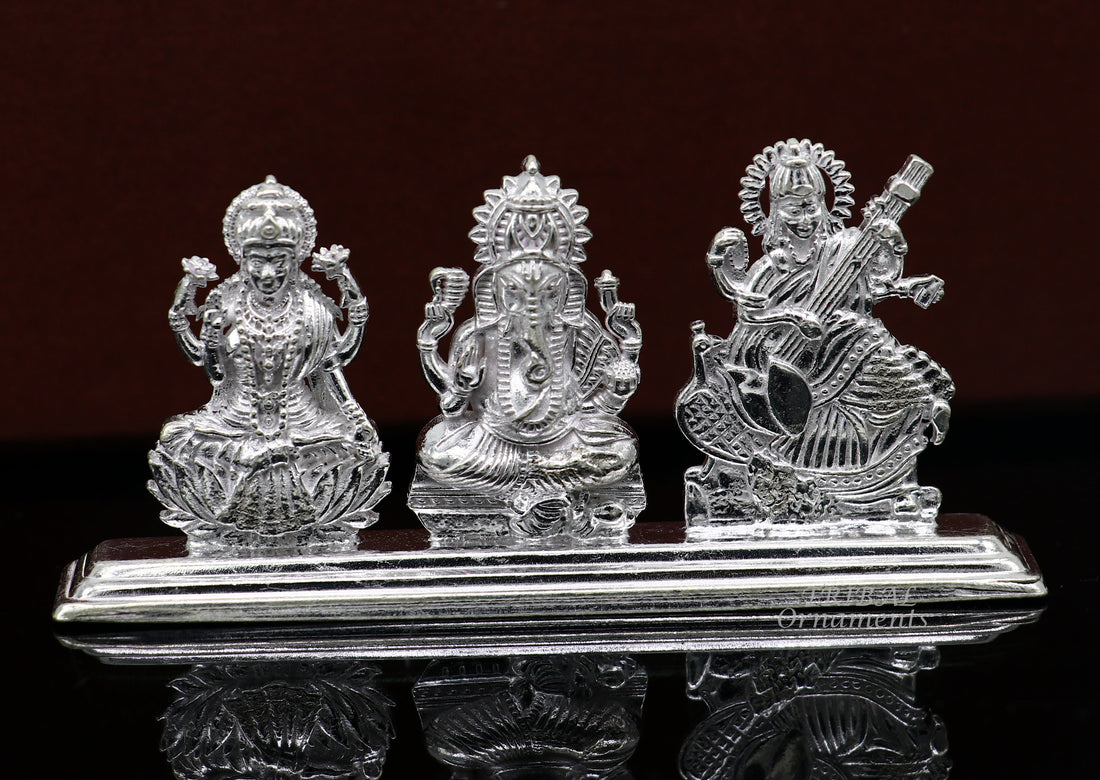 Solid Sterling silver handmade Hindu idols Laxmi,Ganesha and Saraswati statue, puja article figurine, home décor Diwali puja gift ART562 - TRIBAL ORNAMENTS