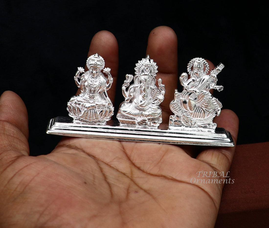 Solid Sterling silver handmade Hindu idols Laxmi,Ganesha and Saraswati statue, puja article figurine, home décor Diwali puja gift ART562 - TRIBAL ORNAMENTS