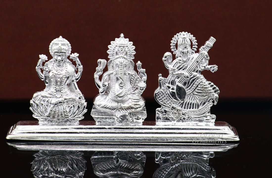 Solid Sterling silver handmade Hindu idols Laxmi,Ganesha and Saraswati statue, puja article figurine, home décor Diwali puja gift ART562 - TRIBAL ORNAMENTS