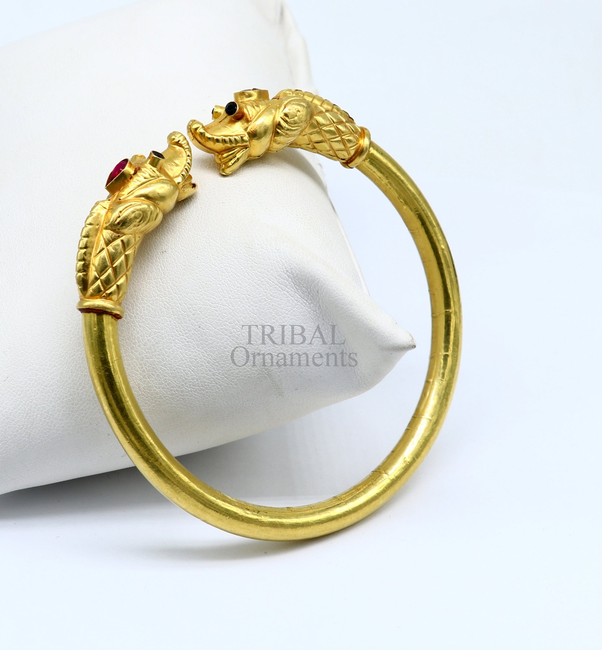 22k yellow gold handmade fabulous vintage elephant face design bangle bracelet kada certified hallmarked jewelry for girls women's gk04 - TRIBAL ORNAMENTS