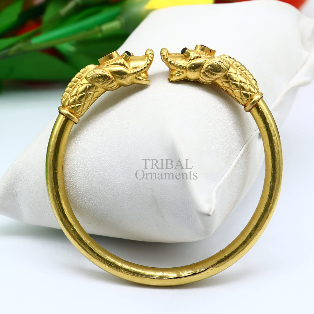 22k yellow gold handmade fabulous vintage elephant face design bangle bracelet kada certified hallmarked jewelry for girls women's gk04 - TRIBAL ORNAMENTS