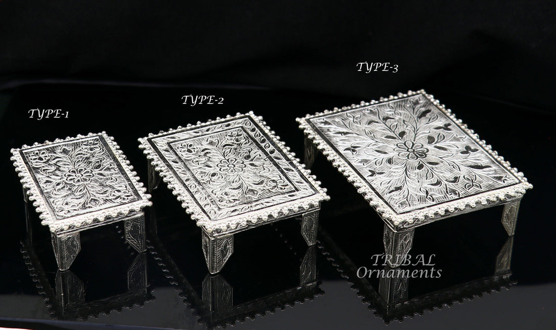 Sterling silver handmade customize small rectangle shape puja article table/bazot/chouki, excellent home puja utensils temple art su920 - TRIBAL ORNAMENTS