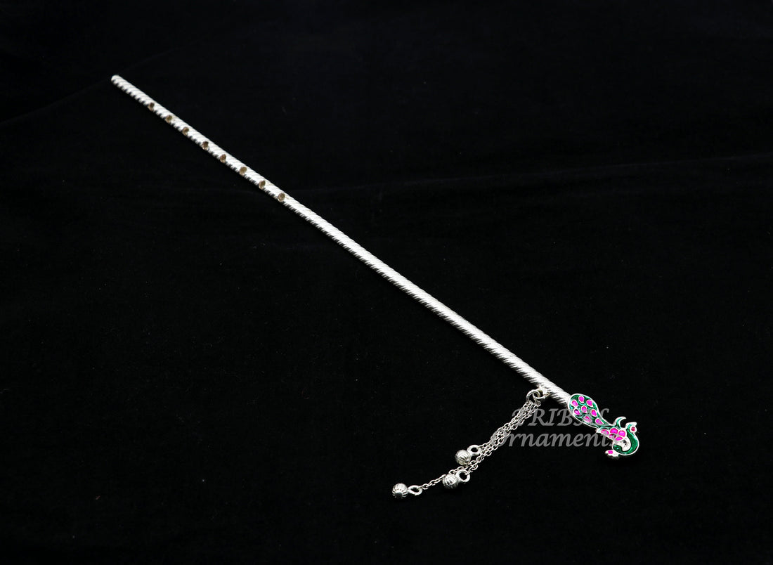 12" inches long sterling silver handmade idol krishna flute, silver bansuri, laddu gopala flute, krishna flute puja art su929 - TRIBAL ORNAMENTS