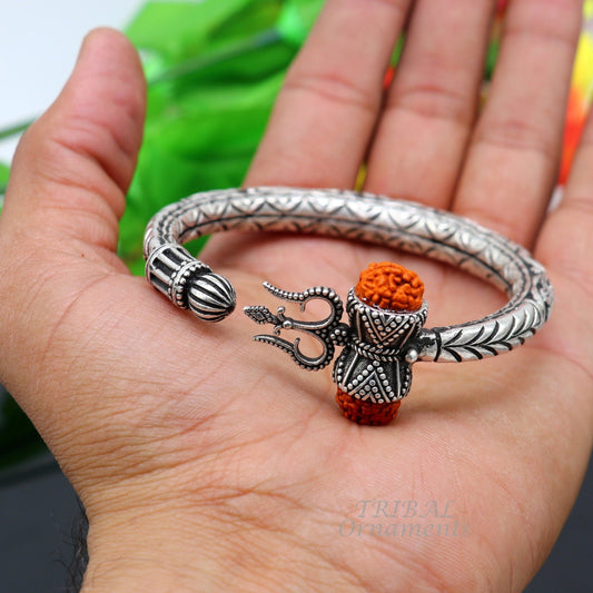 925 Sterling silver handmade chitai work Lord Shiva trident trishul kada bangle bracelet with natural Rudraksha customized kada nsk419 - TRIBAL ORNAMENTS