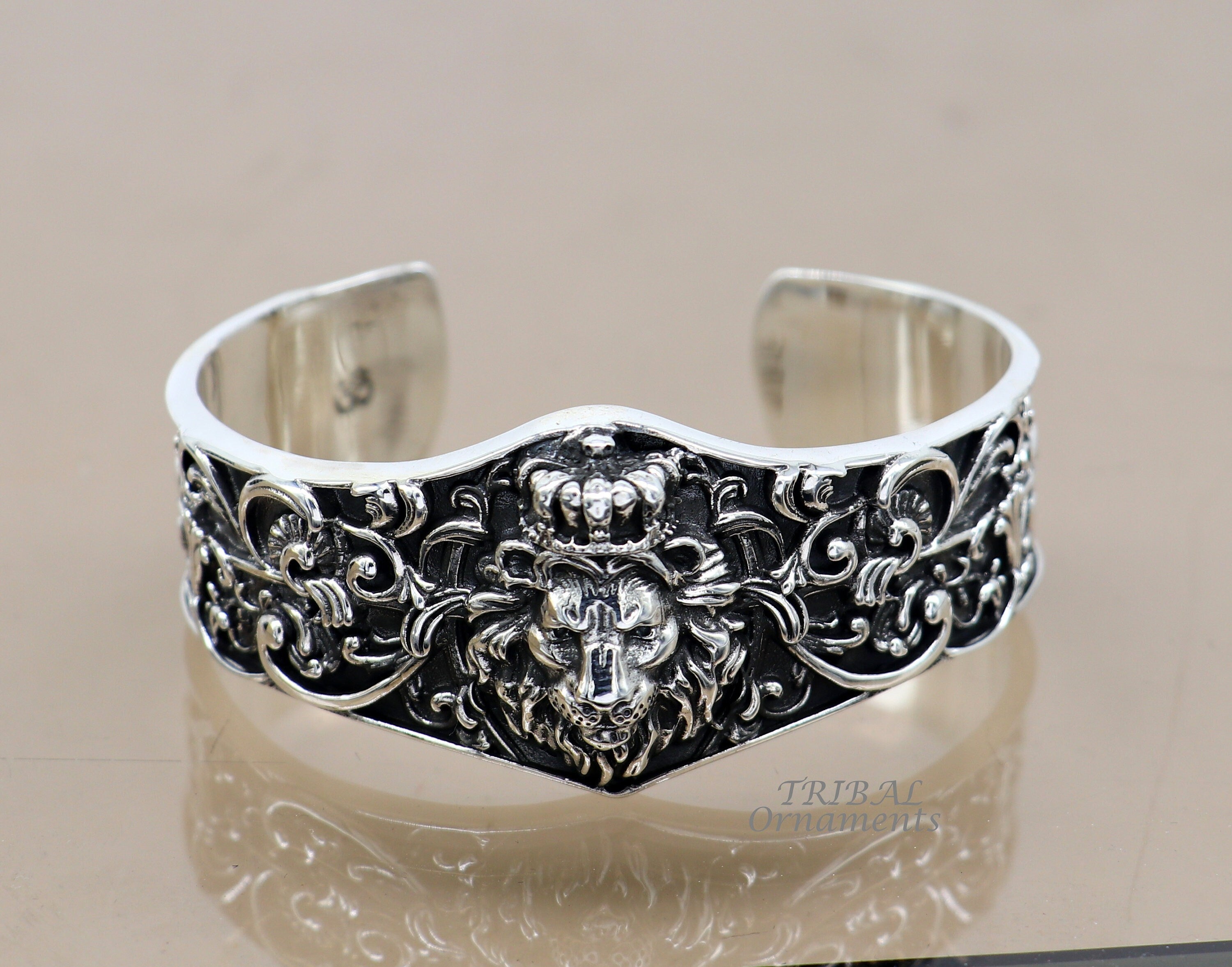 92.5 Oxidized Silver Lion Face Rudraksh Bracelet For Men - Silver Palace