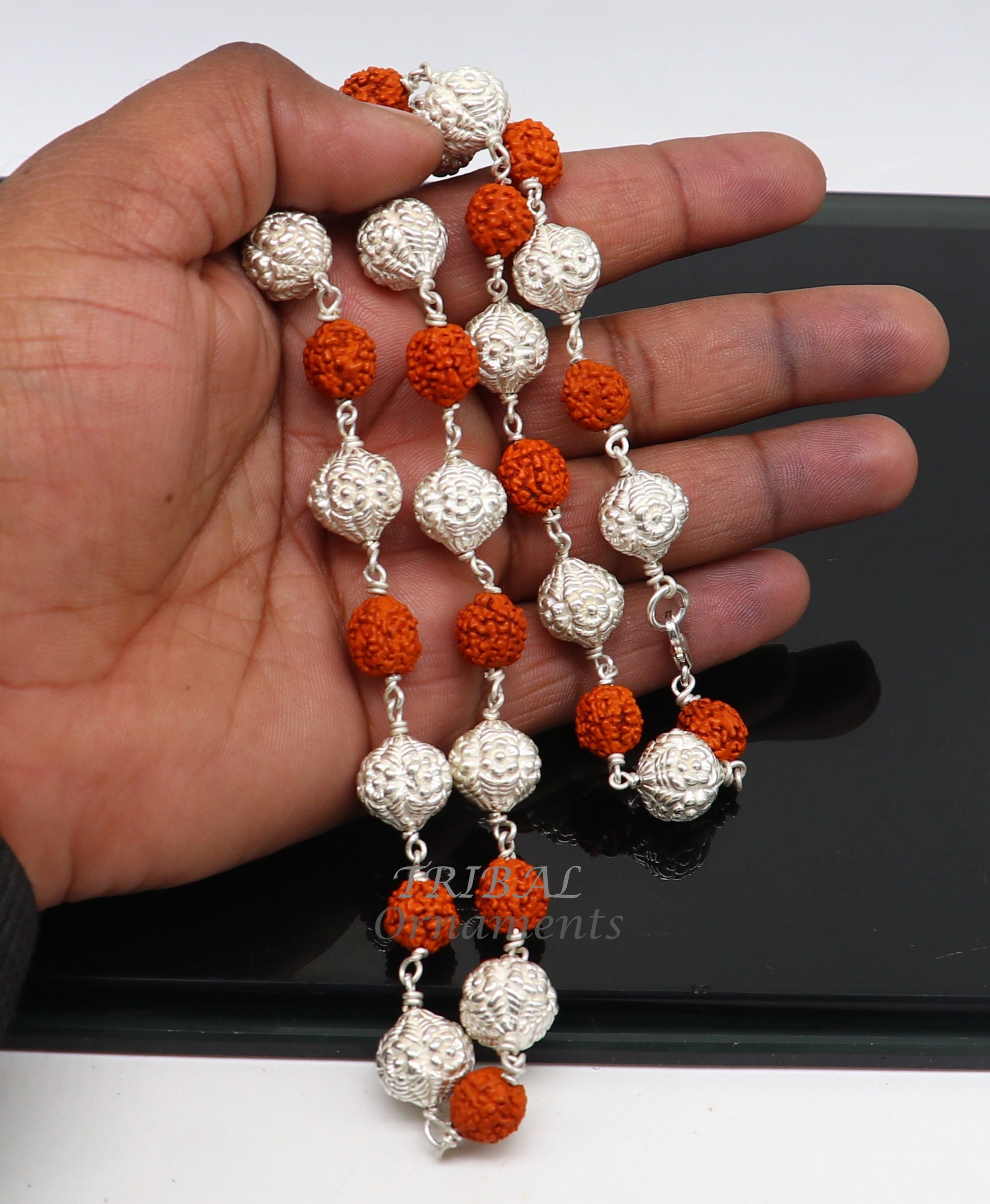 925 Sterling silver gorgeous natural rudraksh beads and handmade silver ball beads mala necklace ethnic jewelry from Rajasthan india ch205 - TRIBAL ORNAMENTS