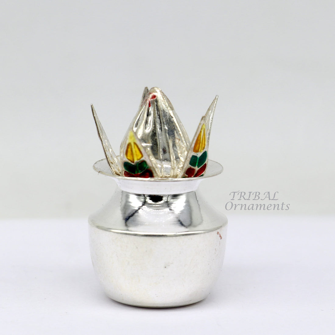 925 Sterling silver handmade gorgeous coconut with betel leaf puja kalash, best worshipping utensils, silver article puja art temple su947 - TRIBAL ORNAMENTS