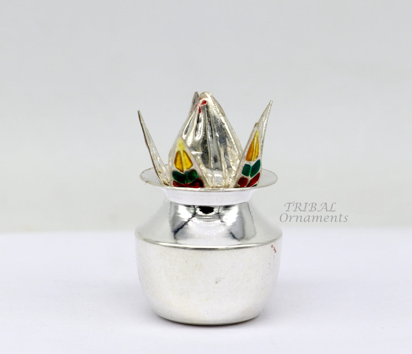925 Sterling silver handmade gorgeous coconut with betel leaf puja kalash, best worshipping utensils, silver article puja art temple su947 - TRIBAL ORNAMENTS
