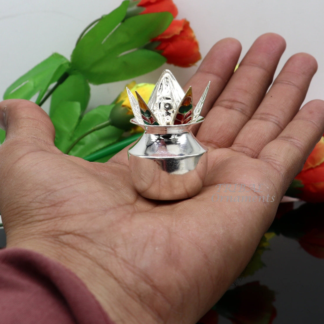 925 Sterling silver handmade gorgeous coconut with betel leaf puja kalash, best worshipping utensils, silver article puja art temple su947 - TRIBAL ORNAMENTS