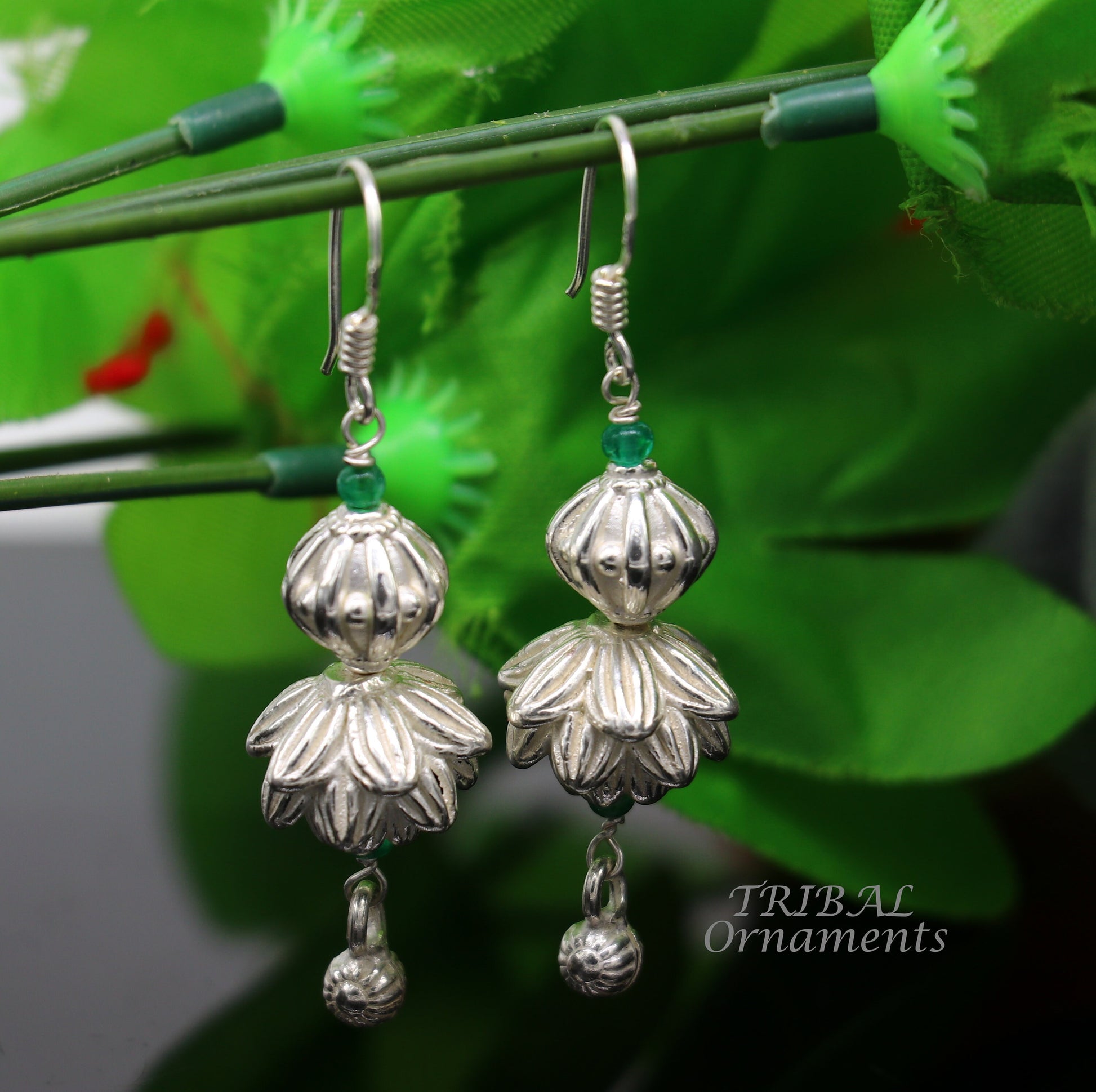 925 sterling silver handmade white finish hook earrings, fabulous hanging drop dangle earrings tribal ethnic jewelry from India s1087 - TRIBAL ORNAMENTS