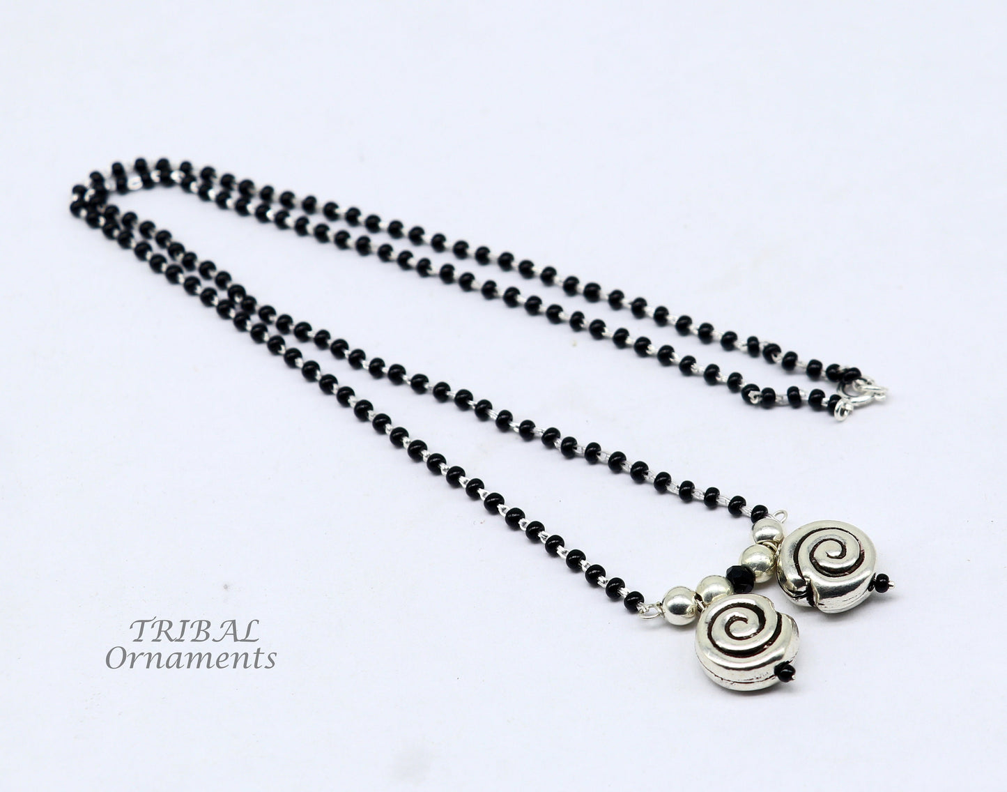 925 sterling silver black beads chain necklace, vintage south indian Style pendant, traditional style brides Mangalsutra necklace set506 - TRIBAL ORNAMENTS