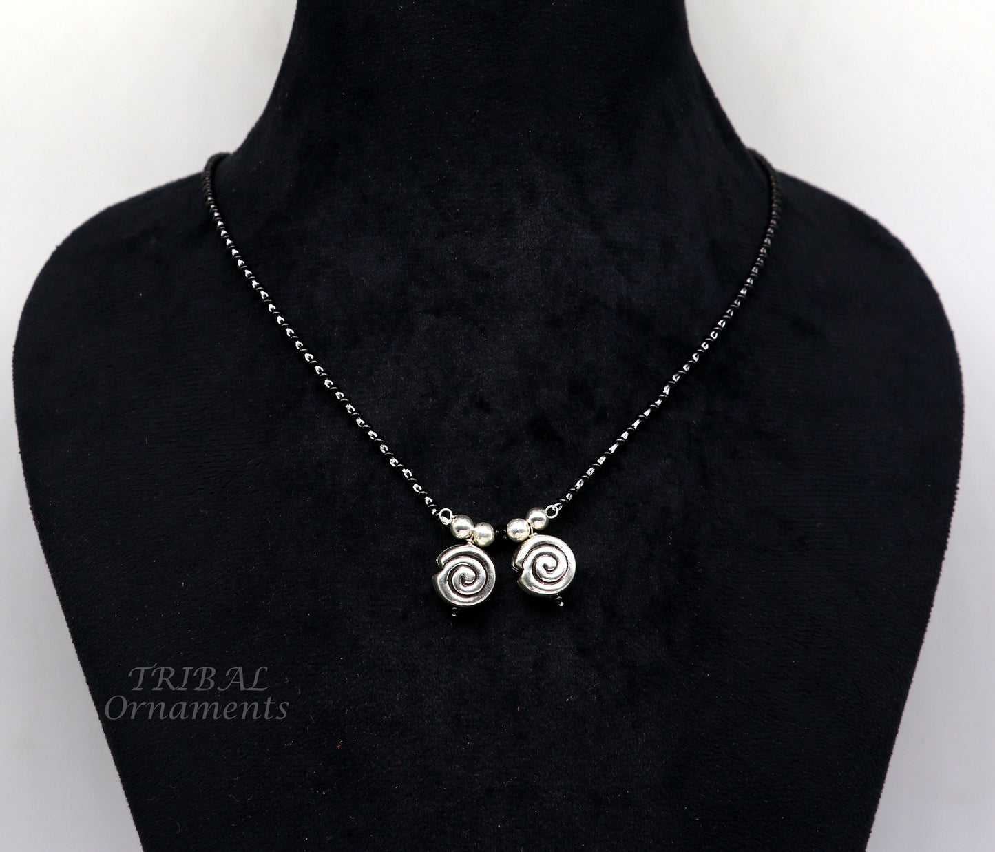 925 sterling silver black beads chain necklace, vintage south indian Style pendant, traditional style brides Mangalsutra necklace set506 - TRIBAL ORNAMENTS