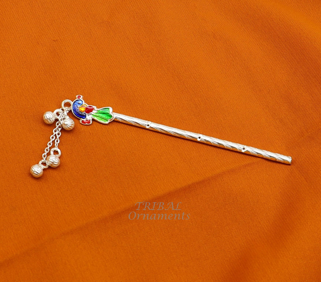 4 inches sterling silver handmade idol baby Krishna small flute, silver Bansuri, Laddu Gopala flute, little Krishna flute puja art su961 - TRIBAL ORNAMENTS