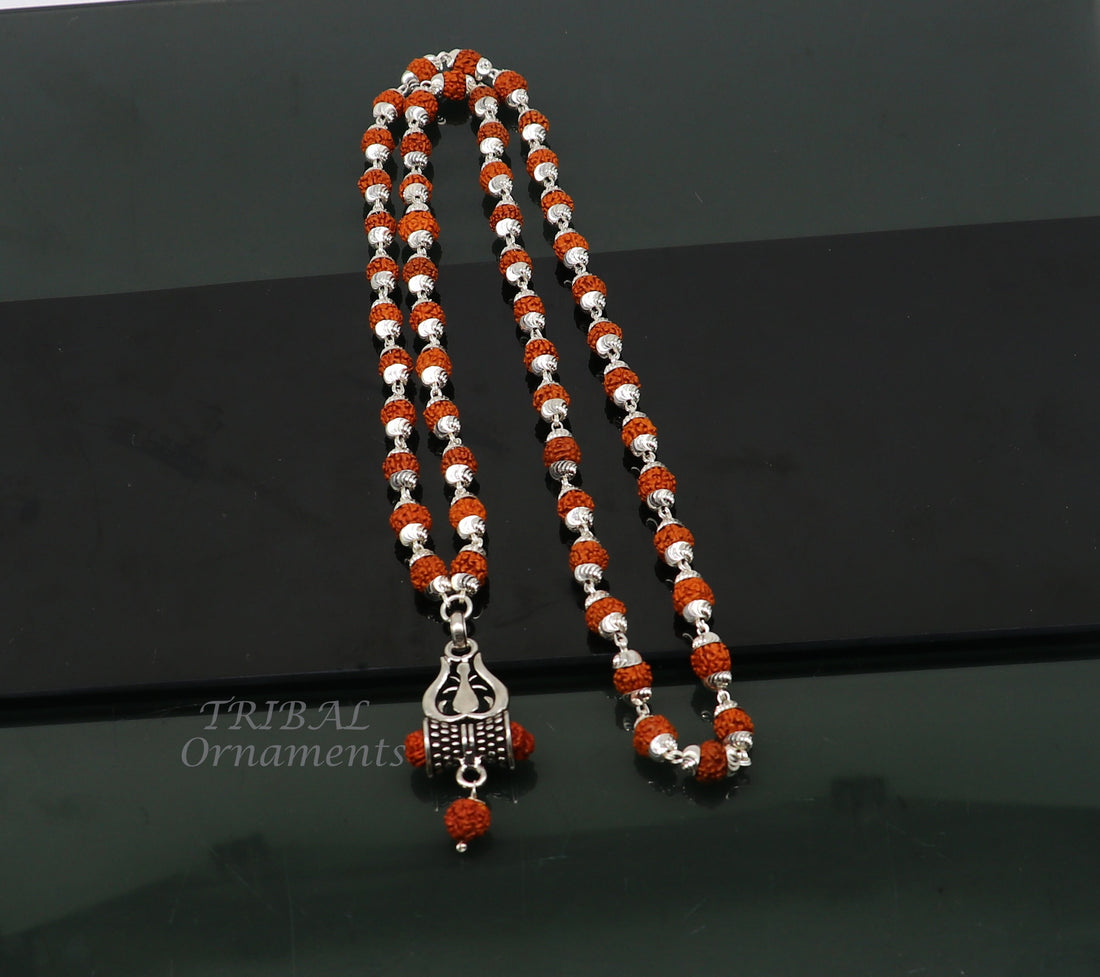 925 sterling silver natural rudraksha beads chain with pendant amazing trident pendant necklace unisex silver jewelry set496 - TRIBAL ORNAMENTS