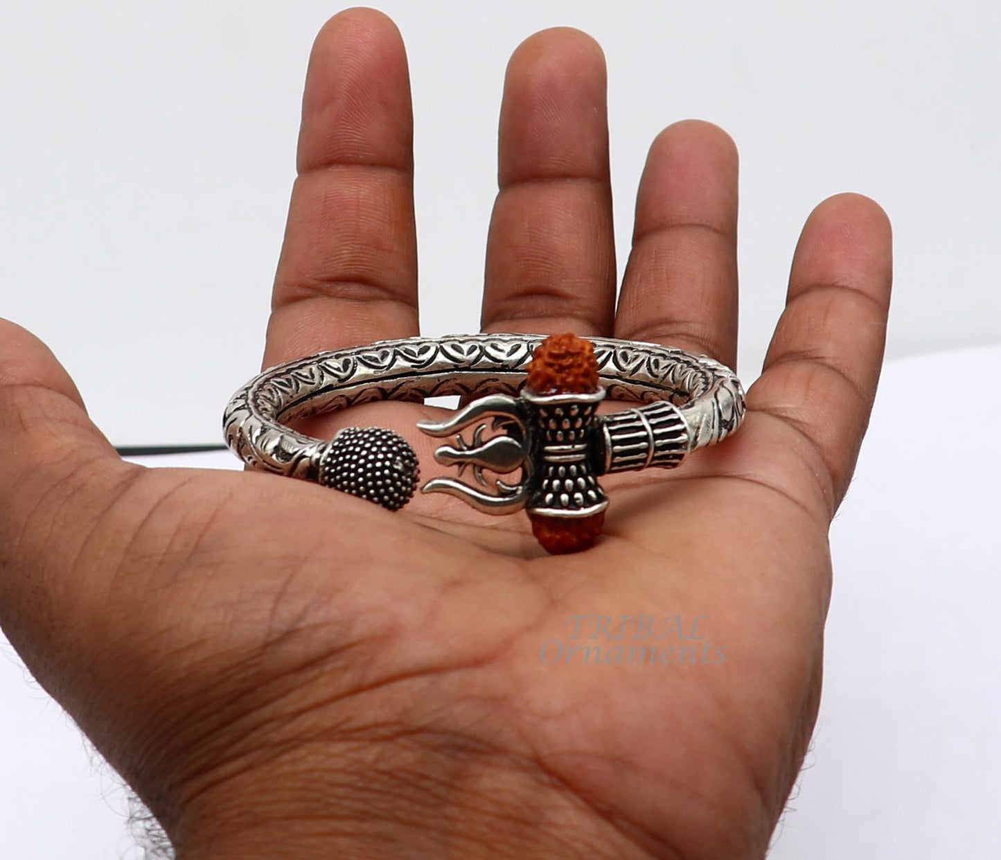 925 Sterling silver handmade chitai work Lord Shiva trident trishul kada bangle bracelet with natural Rudraksha customized kada nsk552 - TRIBAL ORNAMENTS