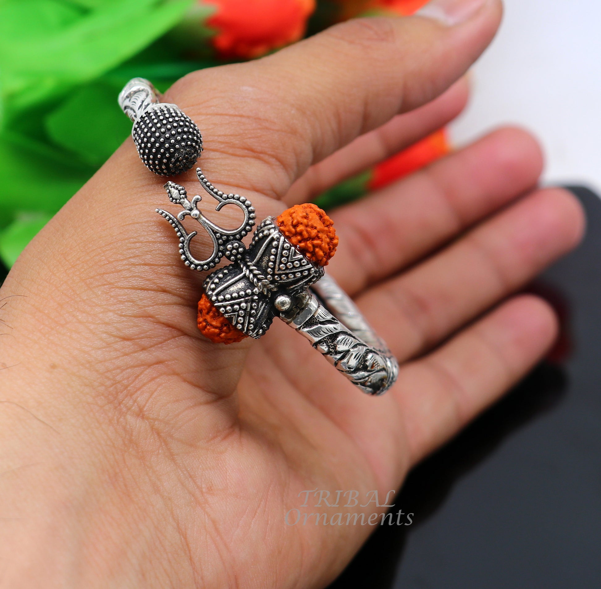 925 Sterling silver handmade chitai work Lord Shiva trident trishul kada bangle bracelet with natural Rudraksha customized kada nsk566 - TRIBAL ORNAMENTS