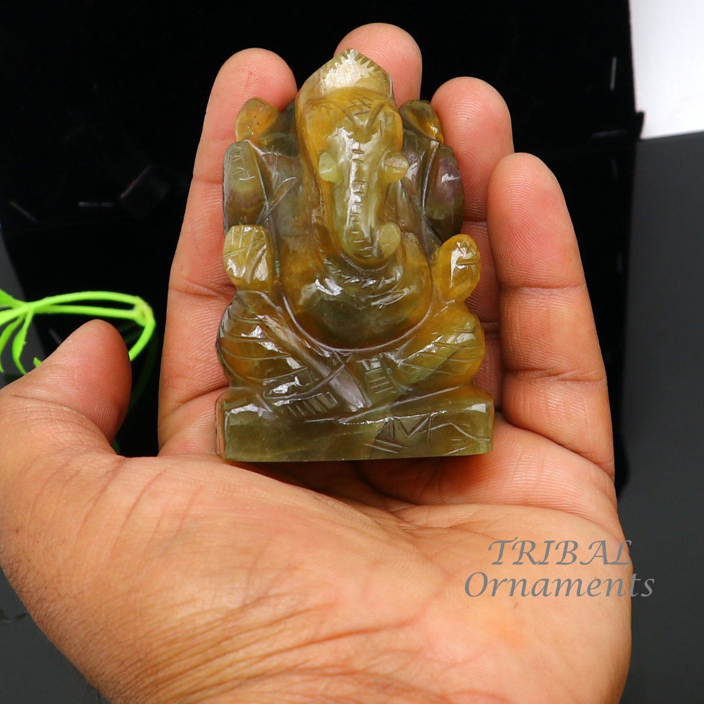 Lord Ganesha handcrafted Natural Fluorite stone statue, figurine, home temple God Ganesha stone sculpture for wealth and prosperity stna03 - TRIBAL ORNAMENTS