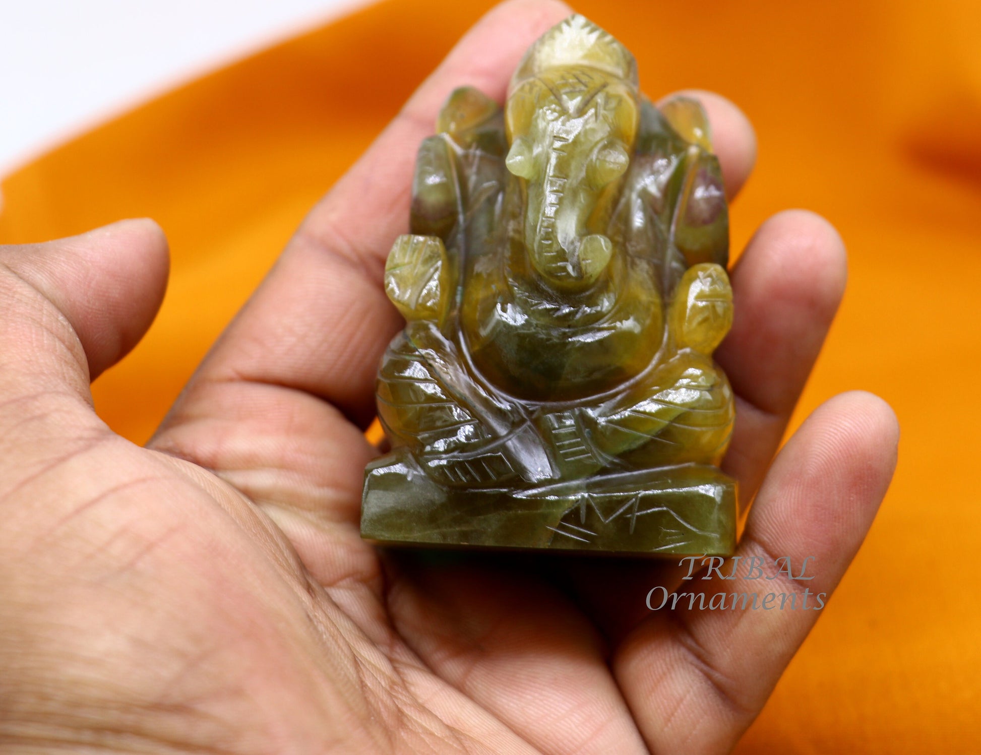 Lord Ganesha handcrafted Natural Fluorite stone statue, figurine, home temple God Ganesha stone sculpture for wealth and prosperity stna03 - TRIBAL ORNAMENTS