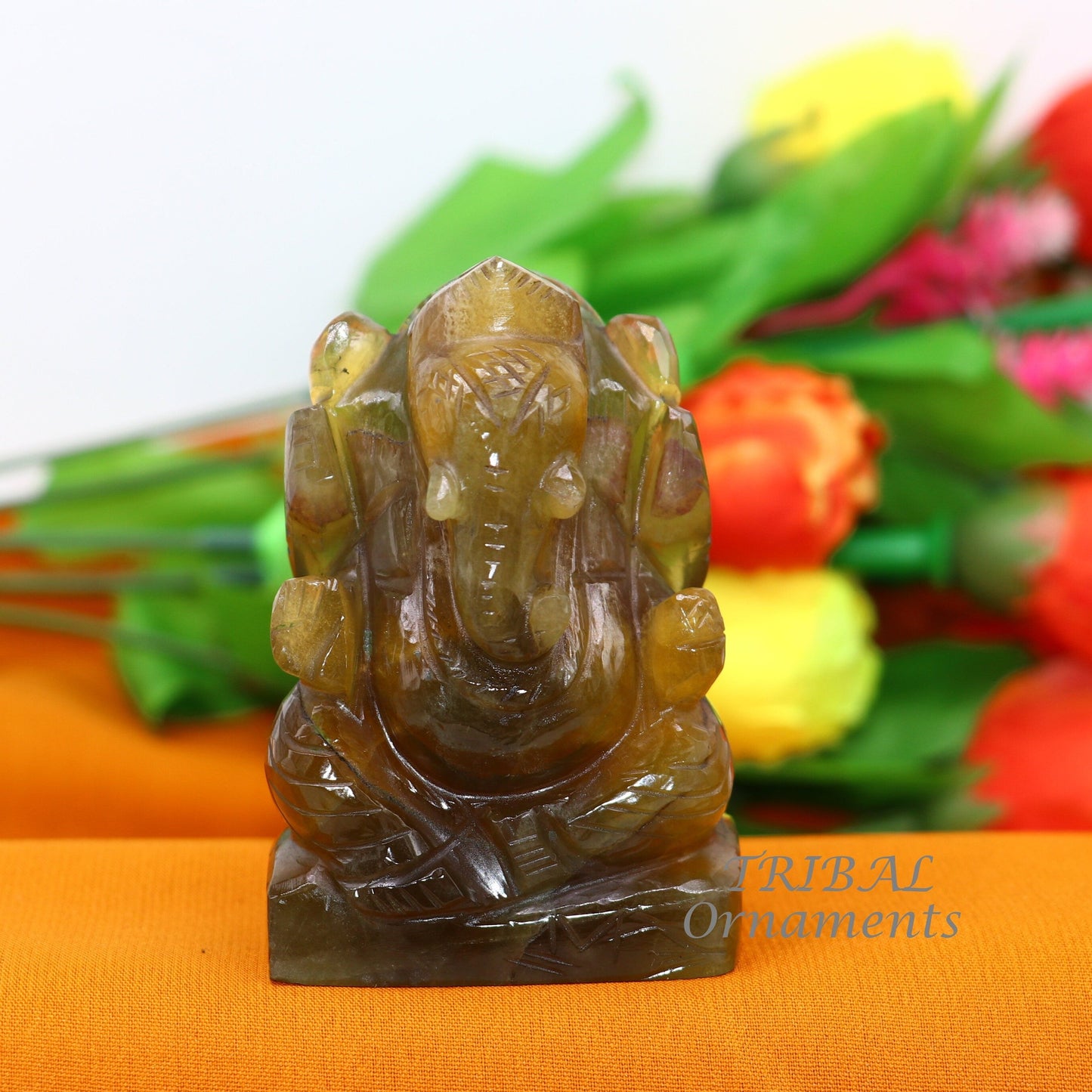 Lord Ganesha handcrafted Natural Fluorite stone statue, figurine, home temple God Ganesha stone sculpture for wealth and prosperity stna03 - TRIBAL ORNAMENTS