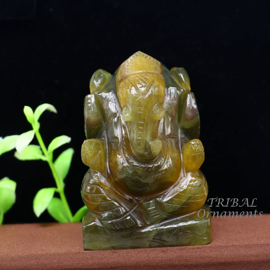 Lord Ganesha handcrafted Natural Fluorite stone statue, figurine, home temple God Ganesha stone sculpture for wealth and prosperity stna03 - TRIBAL ORNAMENTS