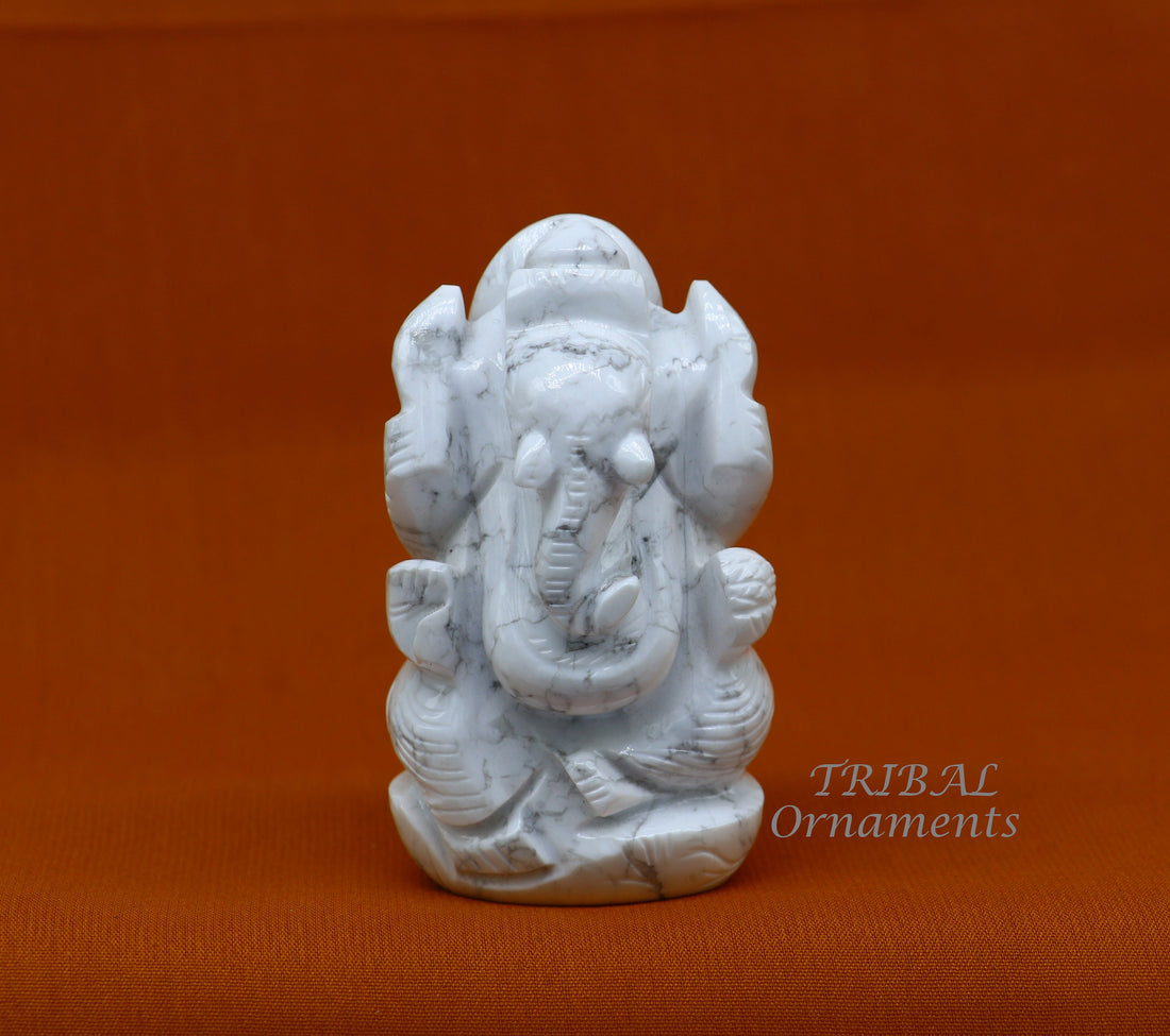 Idol Ganesha handcrafted Natural howlite stone statue figurine, home temple God Ganesha stone sculpture for wealth and prosperity stna04 - TRIBAL ORNAMENTS
