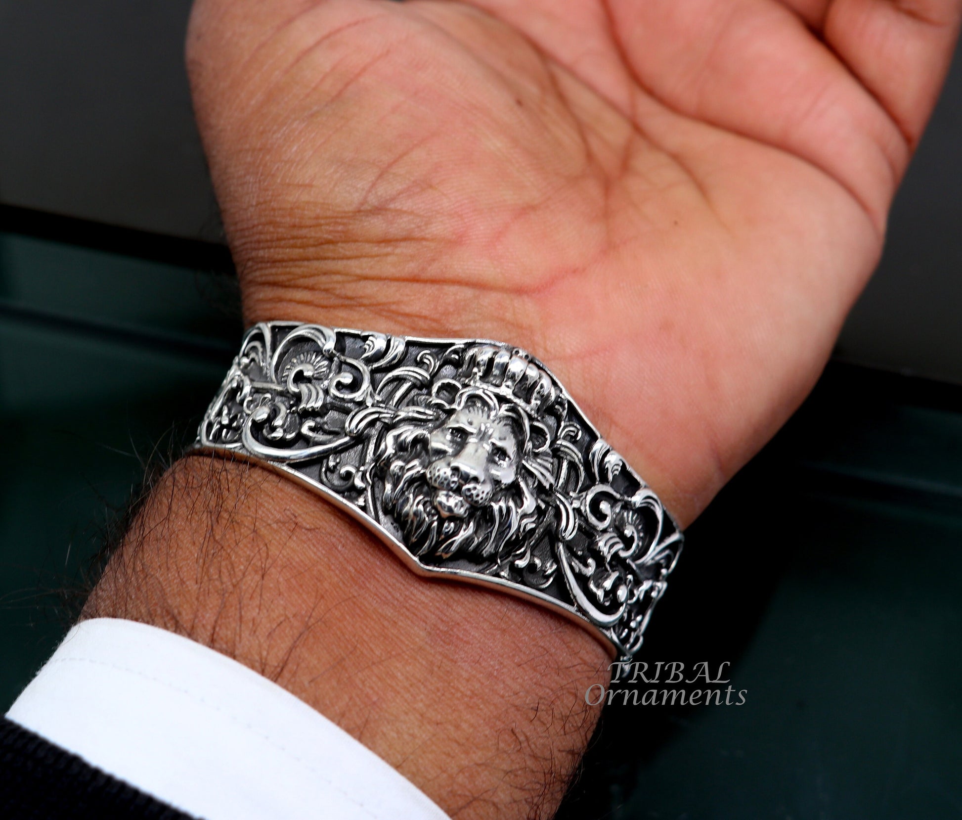 925 sterling silver amazing vintage lion design handmade adjustable cuff kada bracelet, gorgeous lion kada for gifting cuff139 - TRIBAL ORNAMENTS