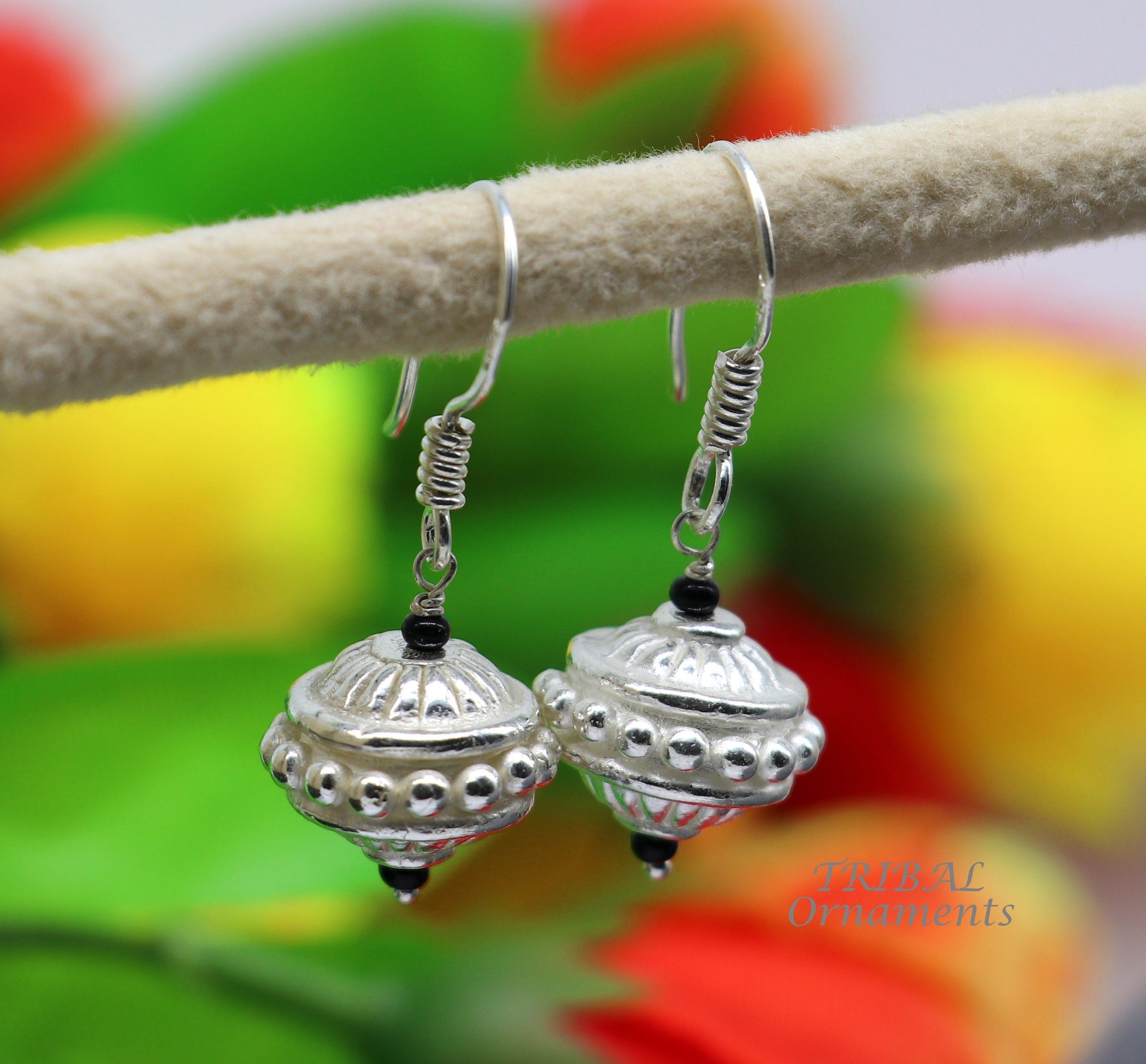 925 sterling silver hamdmade hook earrings, fabulous hanging pretty bells drop dangle earrings tribal ethnic jewelry from India s1084 - TRIBAL ORNAMENTS